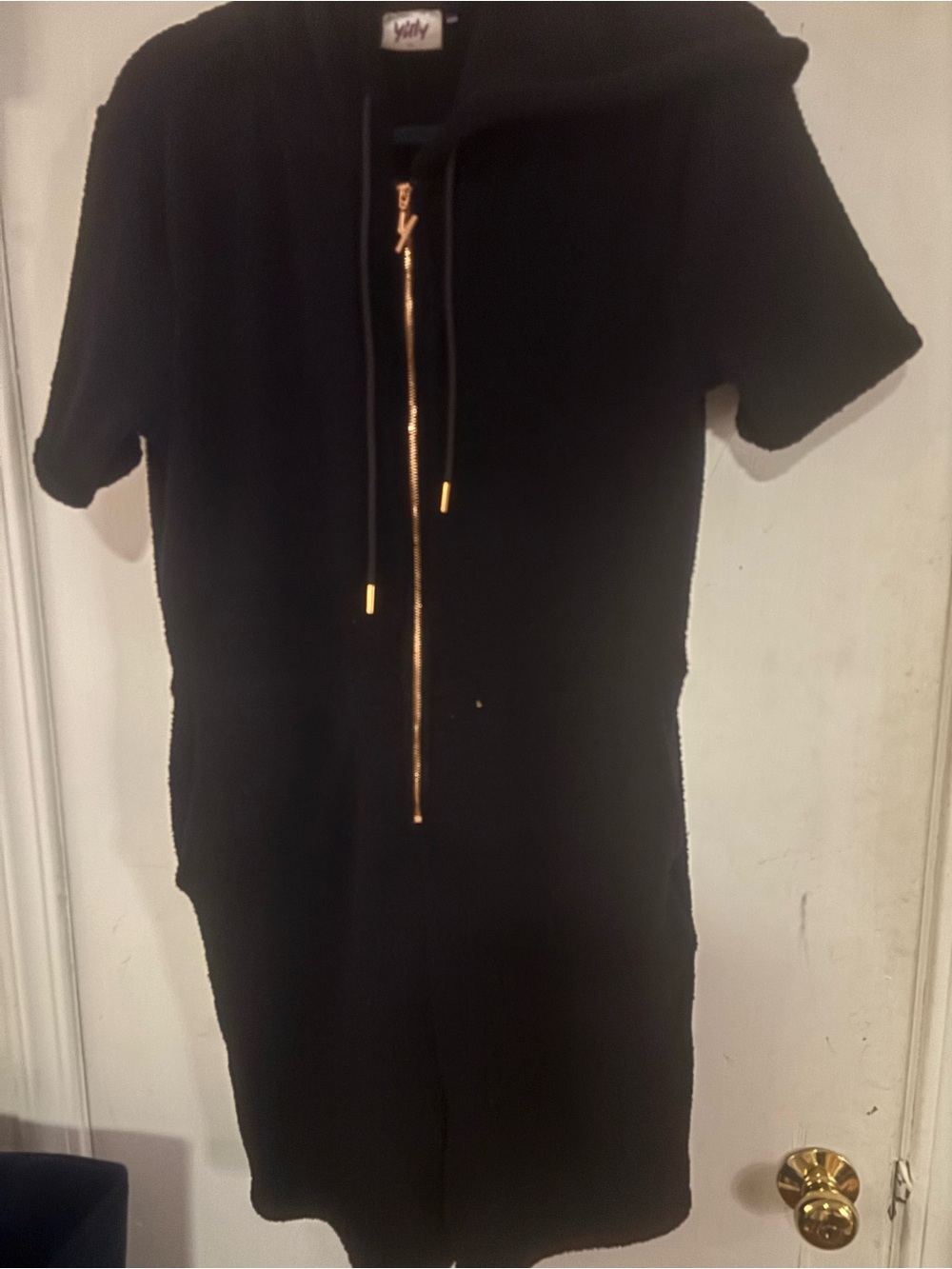 Fabletics Black Short-Sleeve Zip Front Romper with Gold Hardware